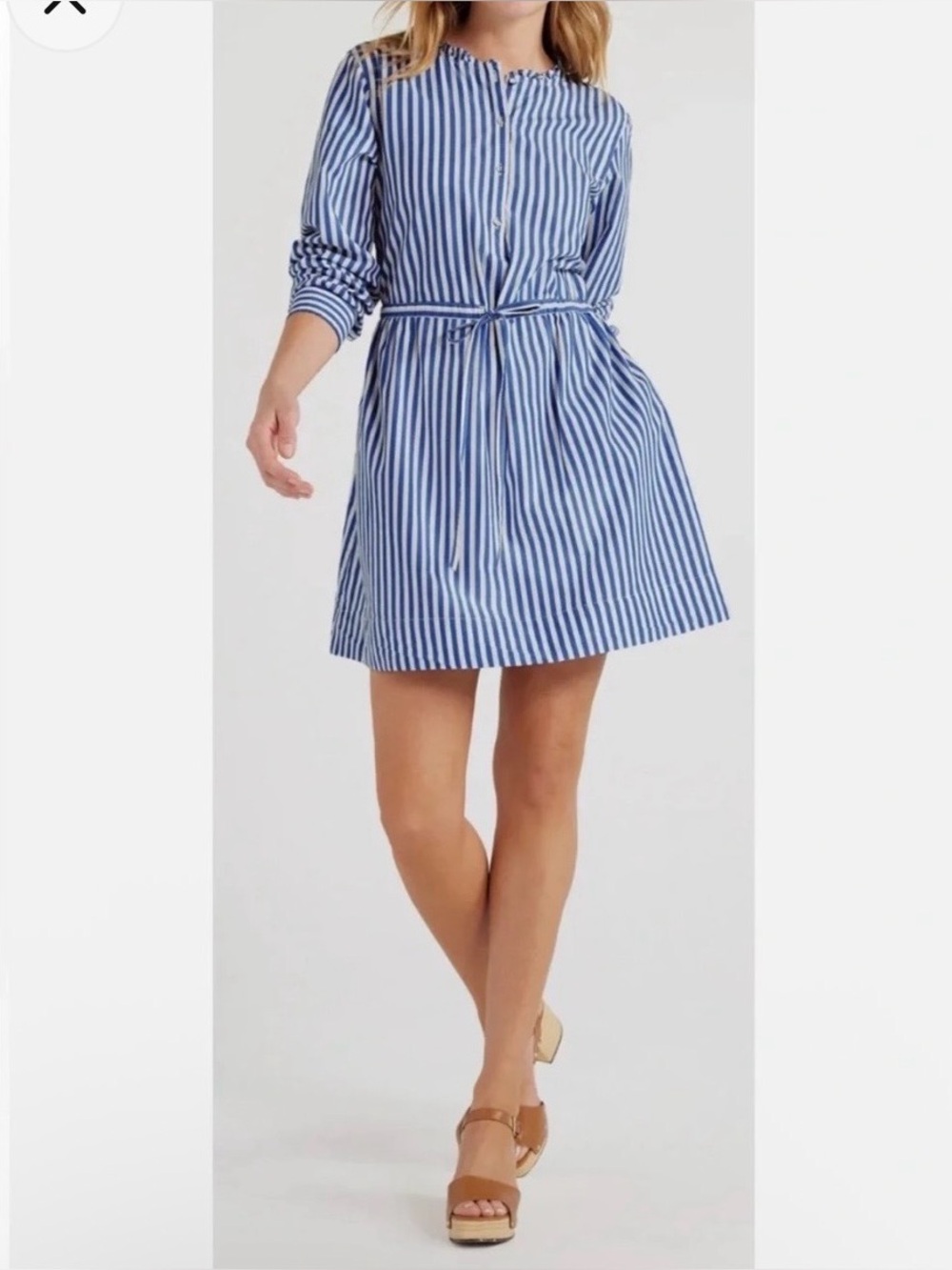 Free Assembly Blue & White Striped Ruffle Neck Mini dress w/ lDrawstring Waist M
